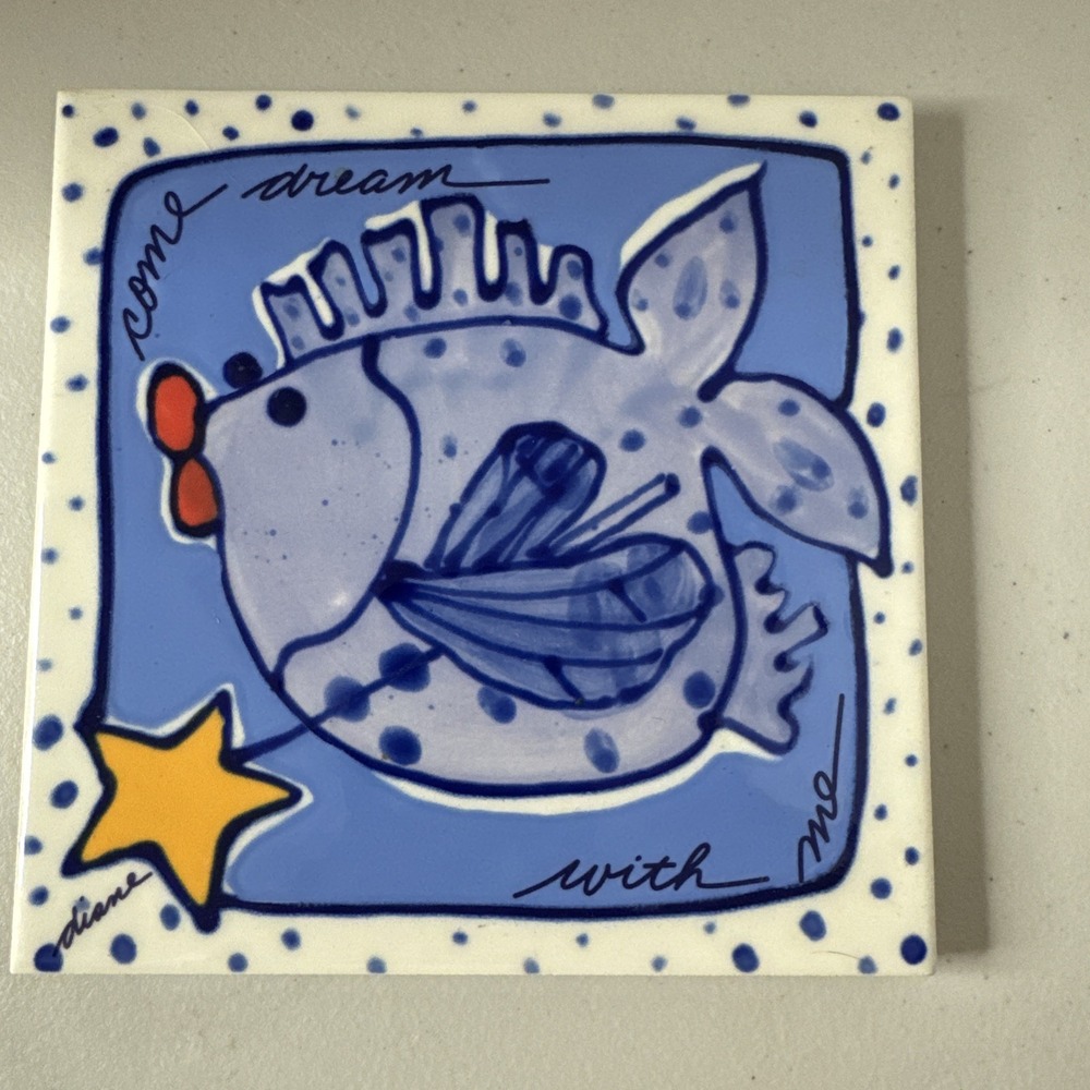 Vintage Diane Artware Ceramic Trivet Tile  Fish Fairy 6" Come Dream w/ Me